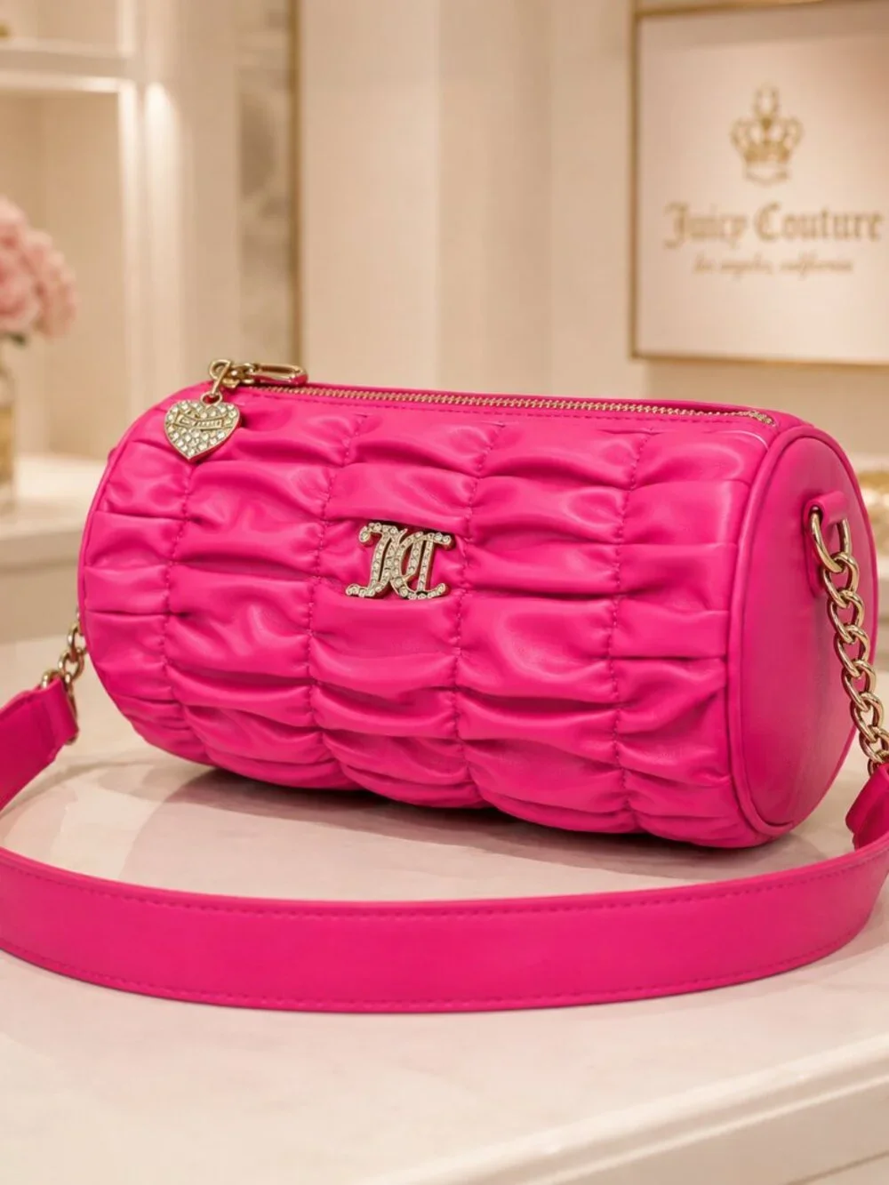 Juicy Couture Run the World Pink Flash Ruched Barrel Shoulder Bag NWT